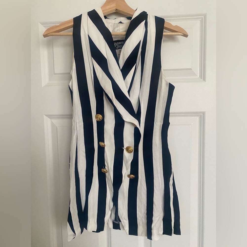 Black and white Dawn Joy vest with gold buttons